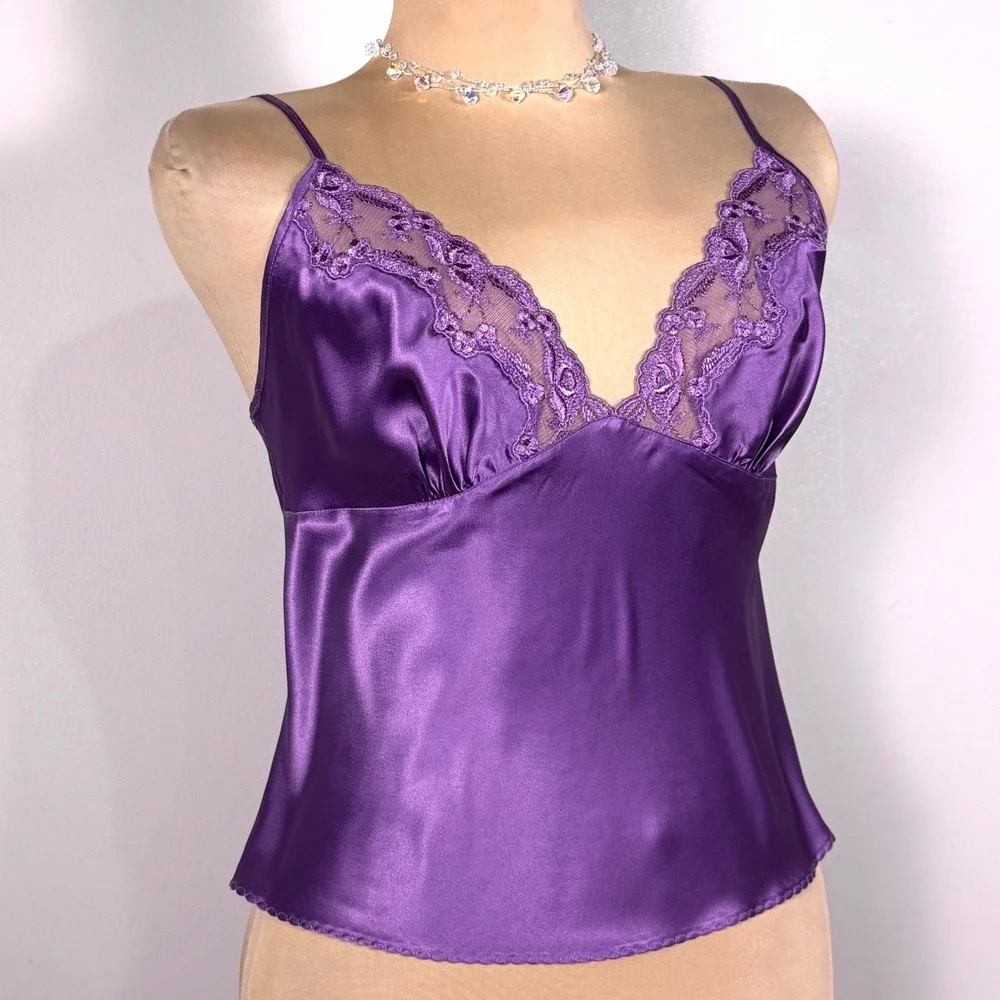 Y2K Victorias Secret Purple Satin Lace Trim Camisole Backless Top Tie Back Med